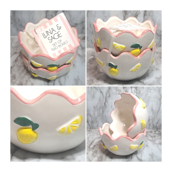 Luna & Sage Set of 2 Lemon Theme Bowls With Pink Scallop Rim Kitchen Dinnerware - Picture 3 of 10